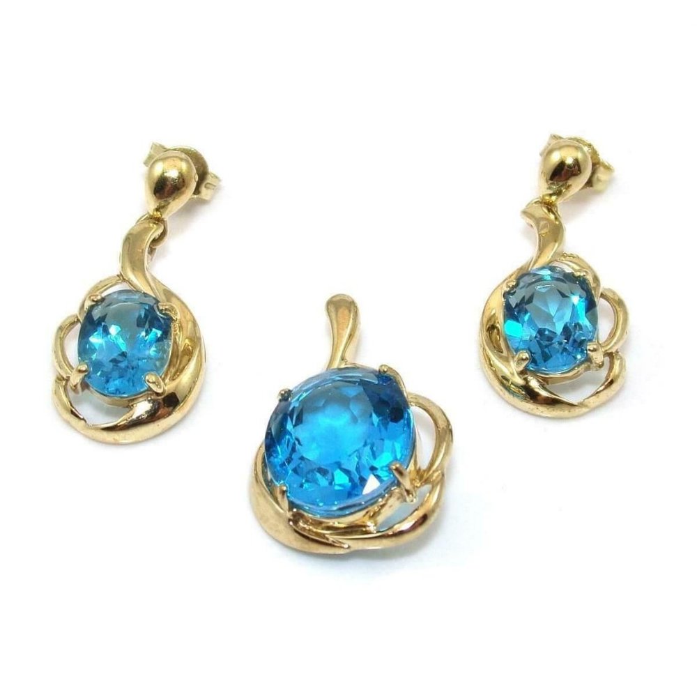 10K Yellow Gold Blue Topaz Earring Pendant Set Lot